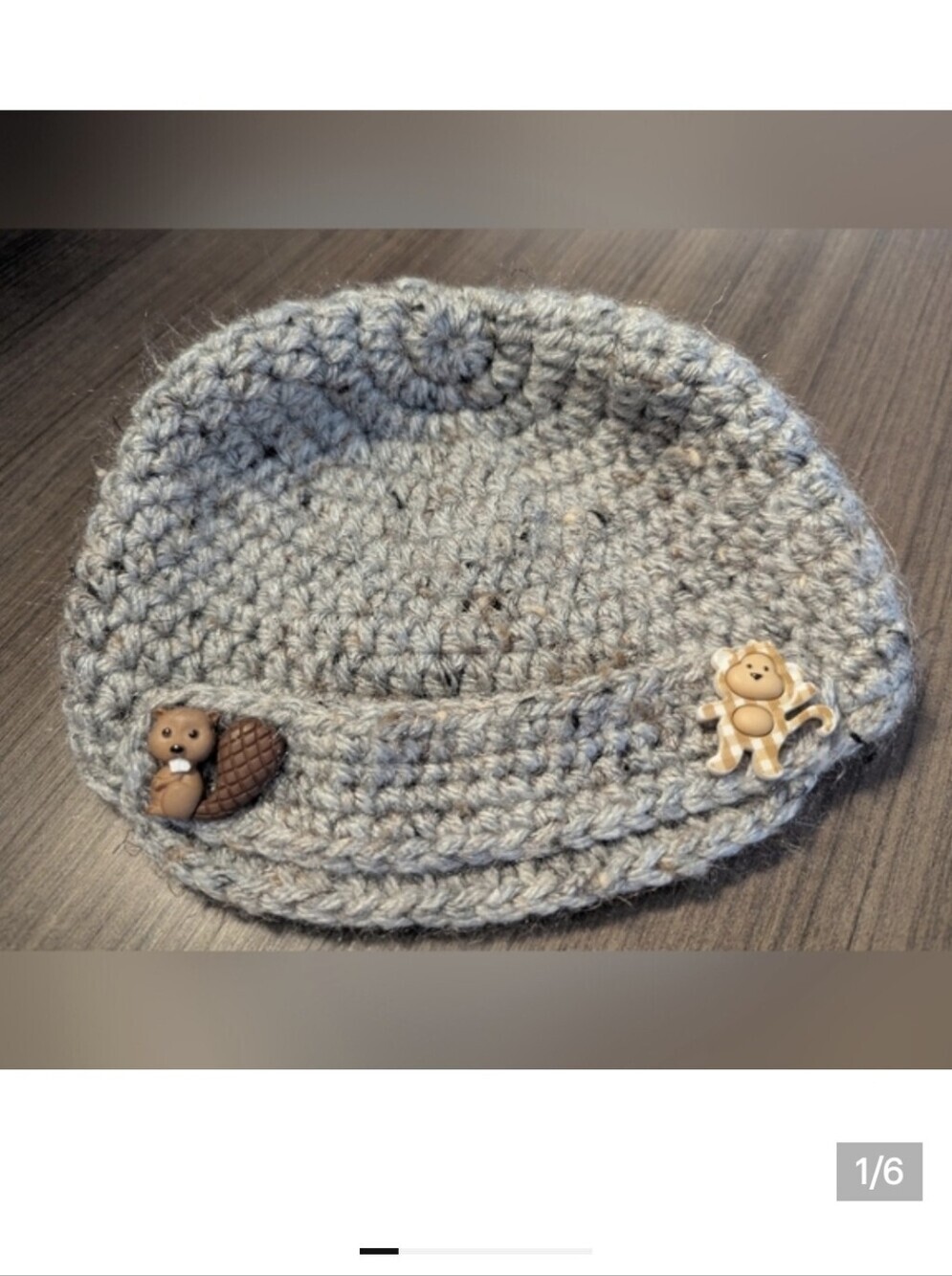 Gray Crochet Baby Hat Gray With Animal Button Detailing Sz 0-12 Months